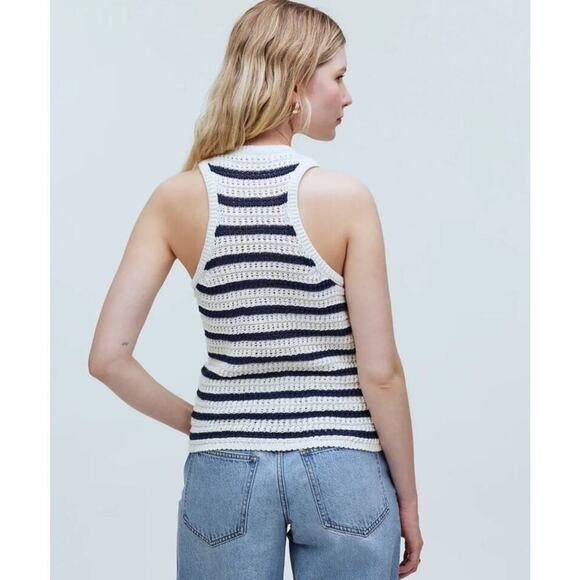 Madewell Crochet-Knit Crewneck Sweater Tank In Bright Ivory Navy Size Small - Picture 2 of 6